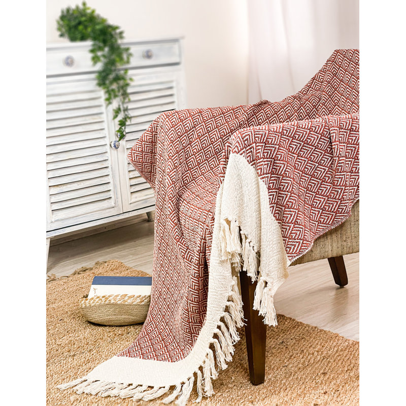 Hand Woven Throw Blanket, Rust Ivory