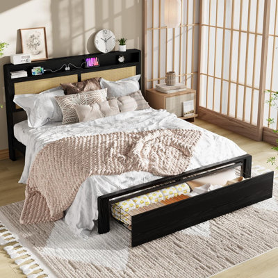 Black Bohemian Rattan Bed Frame with LED Headboard & Charging Station, Full Size Wooden Platform Bed with Storage Drawer, No Box Spring Needed, Queen