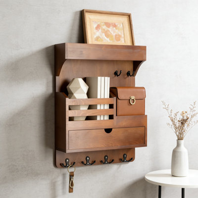 Porte-clés mural en bois avec organisateur de courrier et tiroir, rangement de vestibule moderne avec 6 crochets robustes et tablette flottante pour l'organisation à la maison