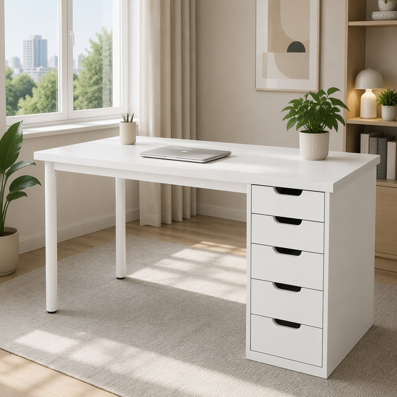 Bureau d'ordinateur 47 po à 5 tiroirs, Blanc