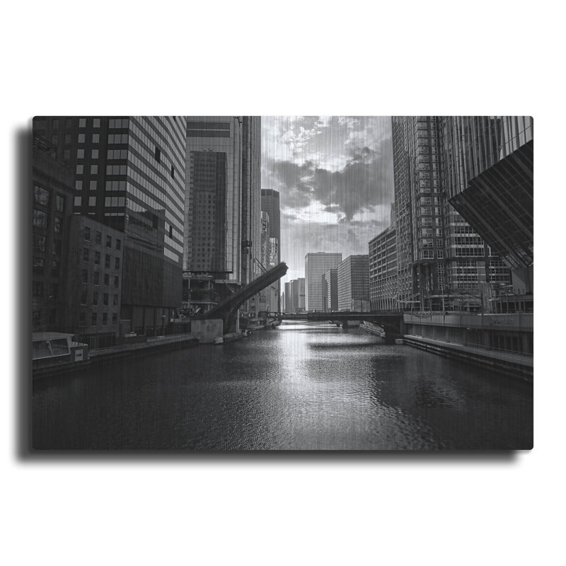 Art mural en métal luxueux «Chicago River Bridge» par Dante Plata, 36 po x 24 po, H 24 po x l 36 po