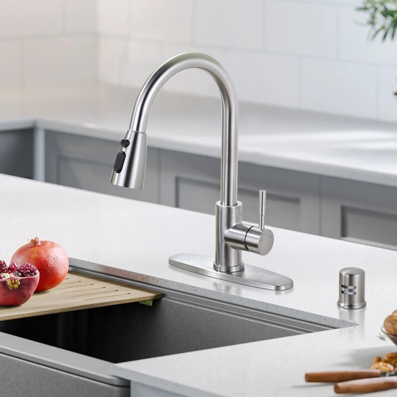 Robinet de cuisine à poignée simple en acier inoxydable, Nickel brossé