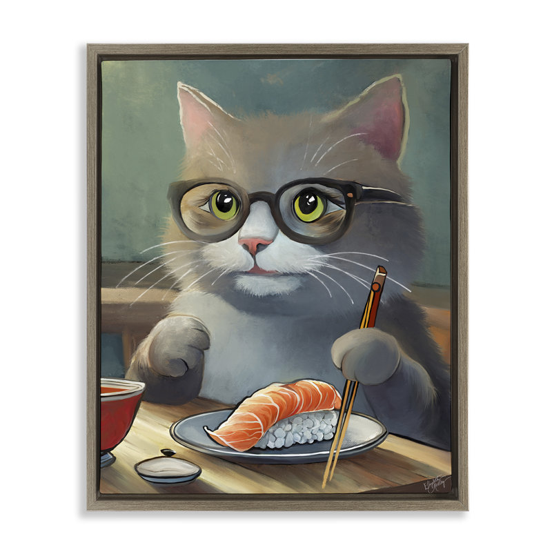 Chat qui mange des sushis, art mural encadré par Elizabeth Medley, Cadre flottant orme Montalcino, H 31 po x l 25 po
