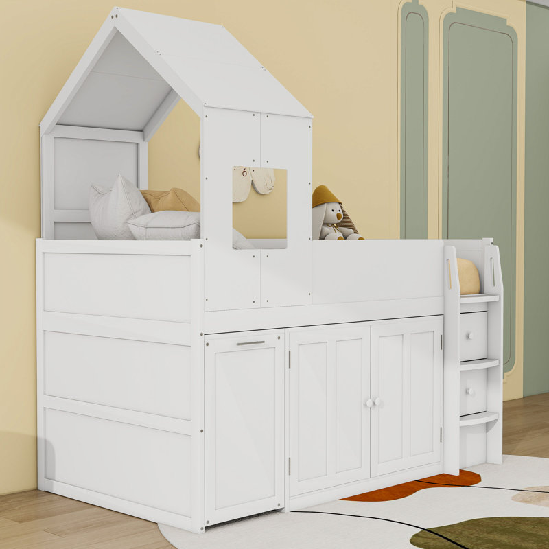 Lit mezzanine simple en bois avec toit et bureau, Blanc