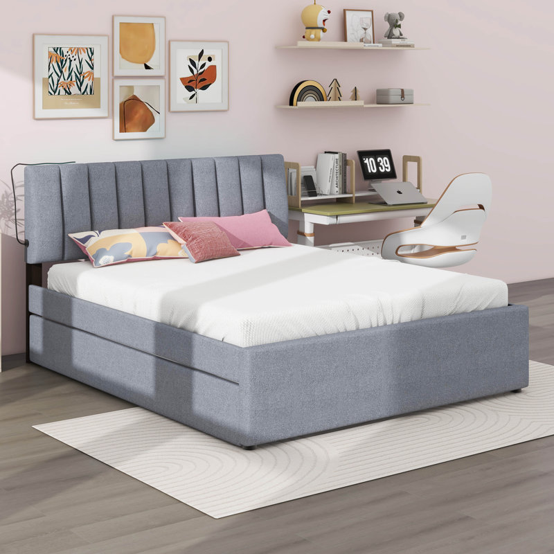 Lit plateforme tapissier Teddy, Gris, Grand lit