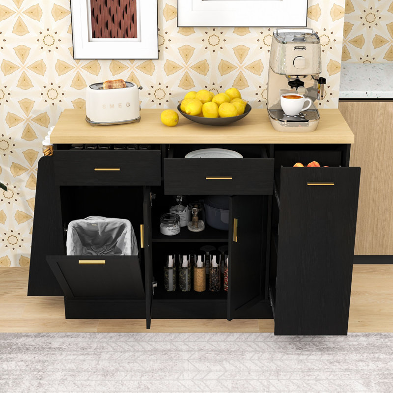 Modern Kitchen Island with Trash Bin Compartment, Sliding Doors, 3-Tier Spice Rack and Adjustable Storage, Black