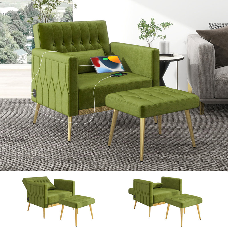 Velvet Armchair with Footstool, Green