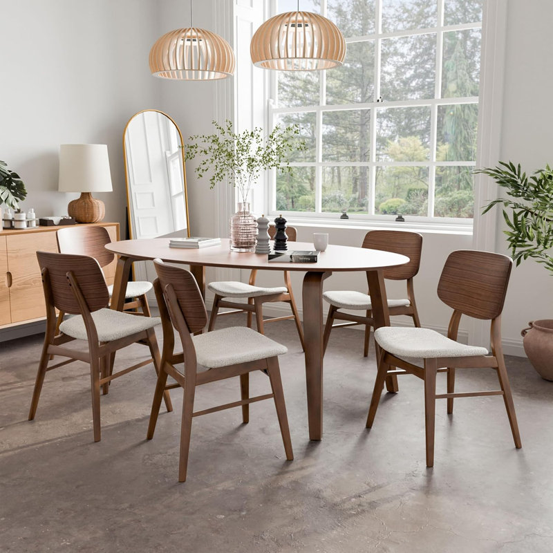 Ensemble de salle à manger 7 pièces ovale en bois en noyer et beige
