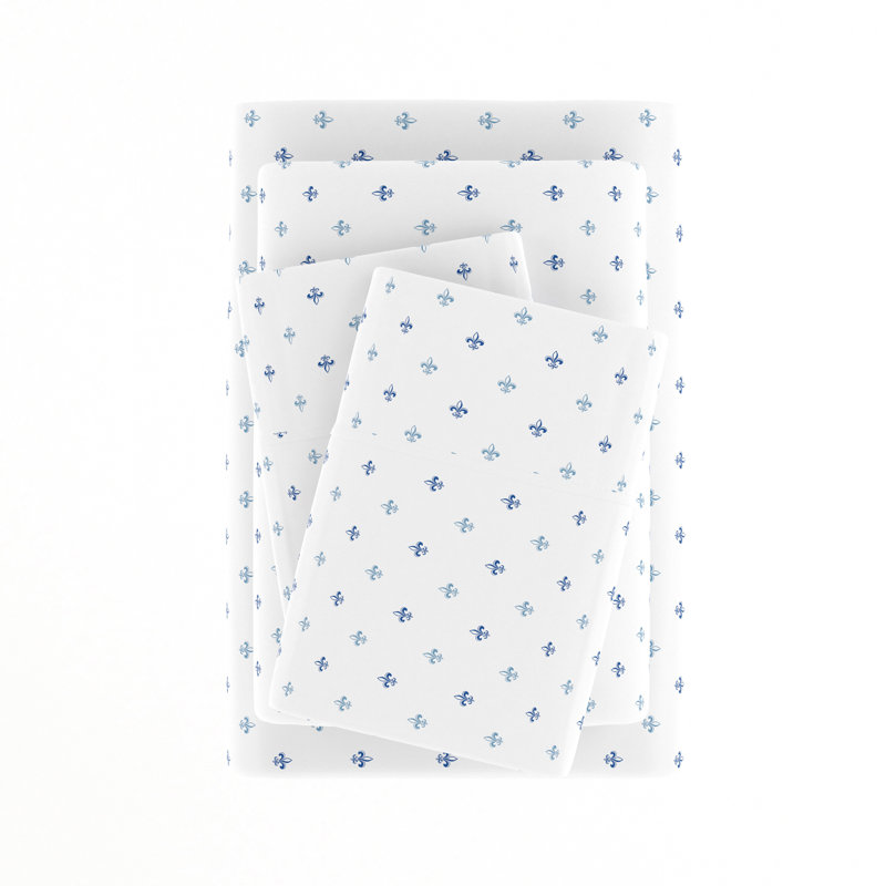 Twin White and Blue Fleur De Lis Microfiber Sheet Set
