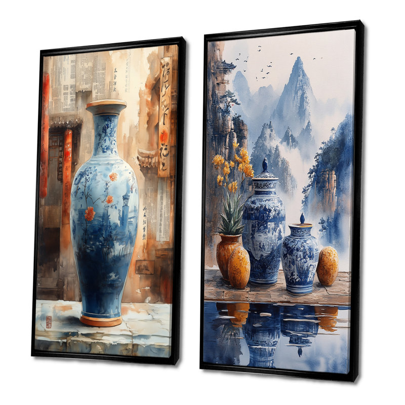 China S Edge Of Wonder Chinoiserie Pottery III - Boho Pottery Decor Wall Art 2 Pieces Set, H 28 po x l 24 po