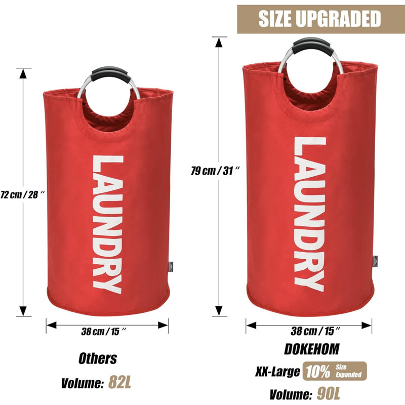 90L Large Laundry Basket, Collapsible Laundry Bag, Freestanding Tall Clothes Hamper, Foldable Washing Bin (Red), Red