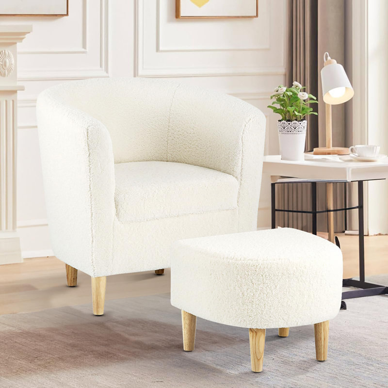 Upholstered 27" Wide Barrel Chair with Ottoman, White Teddy