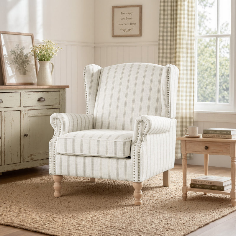 Fauteuil d'appoint à oreilles Chloris, fauteuil rembourré en lin avec garniture cloutée, pieds en bois massif tourné, fauteuil de lecture de style maison de campagne