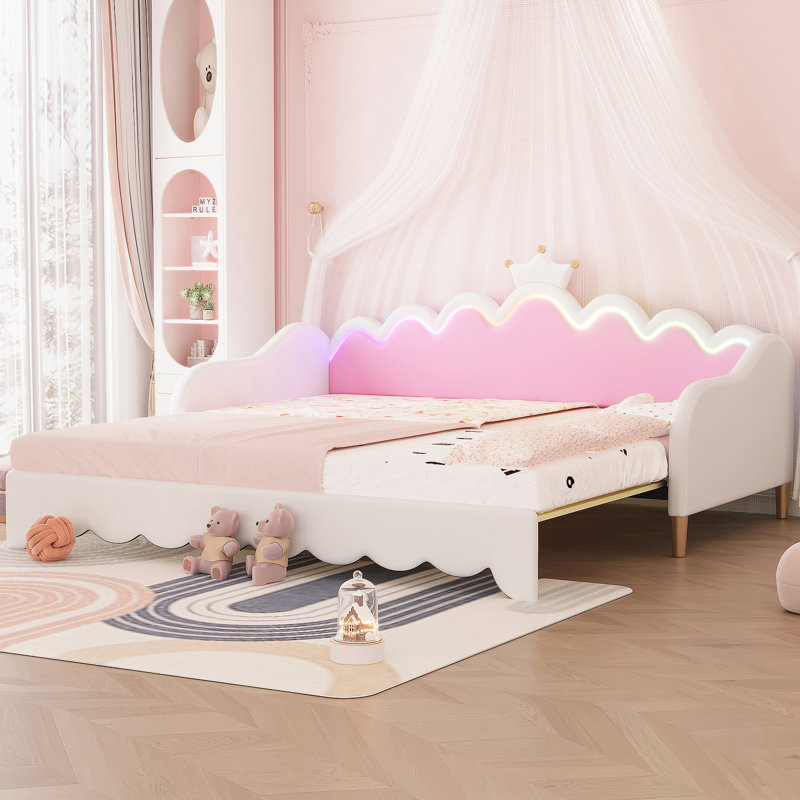 Twin Extending Daybed With LED Lights, Modern Upholstered Princess Daybed, White