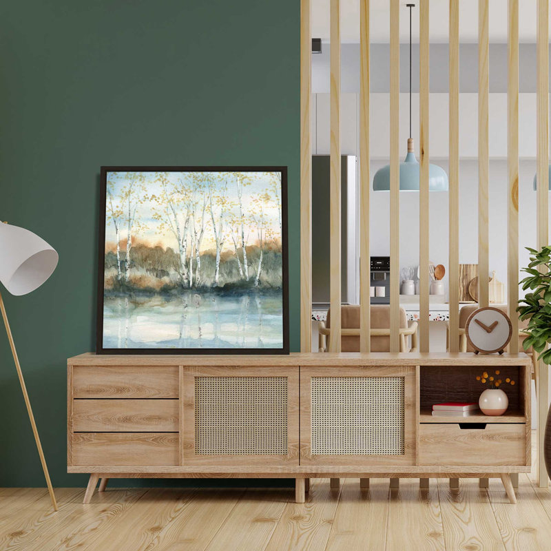 Birch Riverbank par Carol Robinson - Peinture, L 39,5 po x H 39,5 po, Encadrement brun