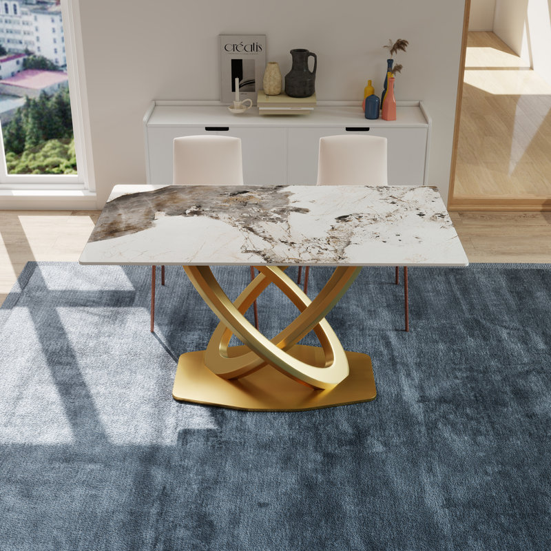 Modern Rectangular Sintered Stone Dining Table with Pedestal Base, Pandora, 29.53” H x 55.12” L x 31.49” W