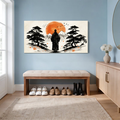 Japanese Zen Monk Sunset Mountain Landscape Canvas Wrapped Wall Art Set Of 1