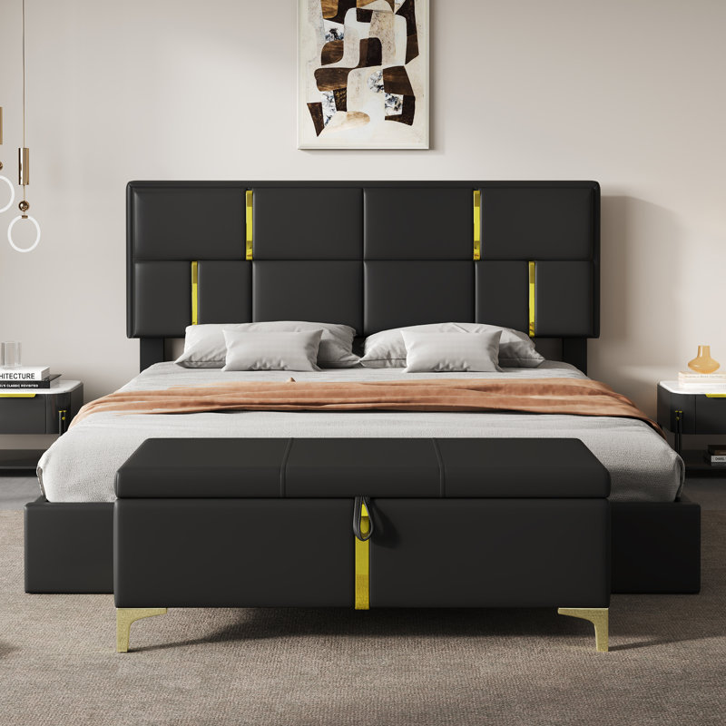 Ensemble de chambre à coucher 2 pièces, lit plateforme tapissier grand avec système de rangement hydraulique, repose-pieds avec pieds en métal