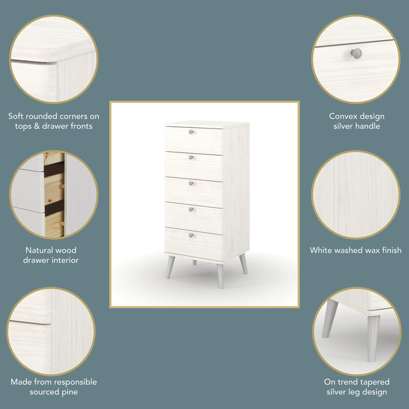 5 Drawer Narrow Chest, White Wax Finish