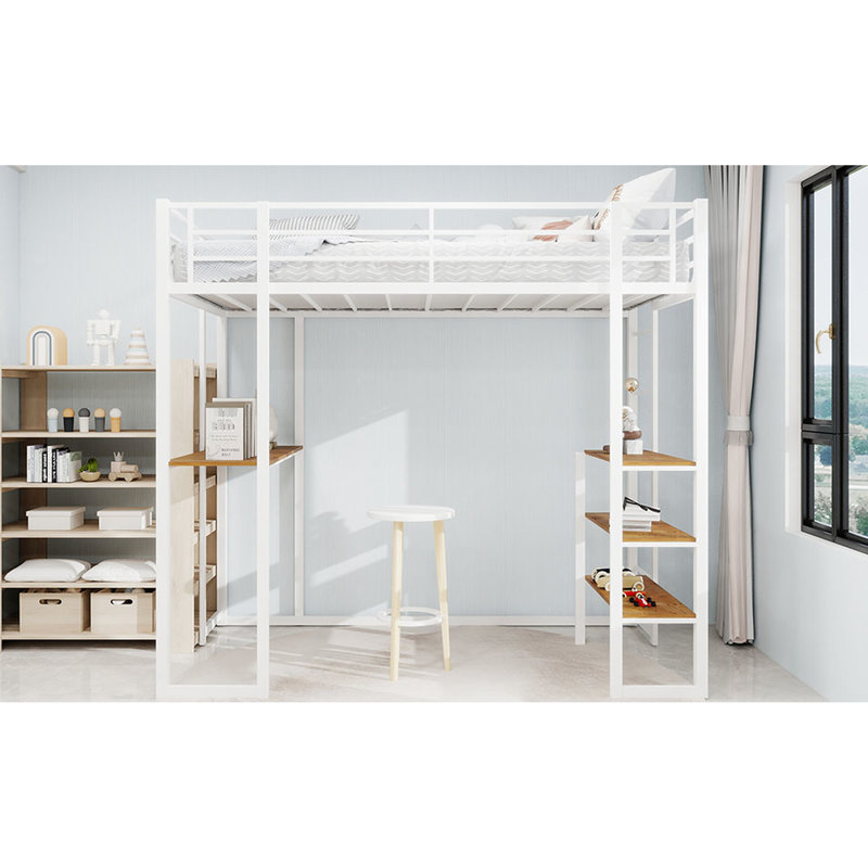 Lit simple, lit en fer blanc, bureau en L, escalier, robuste, chambre de jeunes, accès facile, escalier à assemblage rapide des deux côtés, fonctionnel, table,
