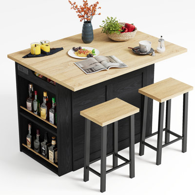 3 Pieces Kitchen Island Set with Storage Cabinet, Drawers, and 2 Stools by Winston Porter