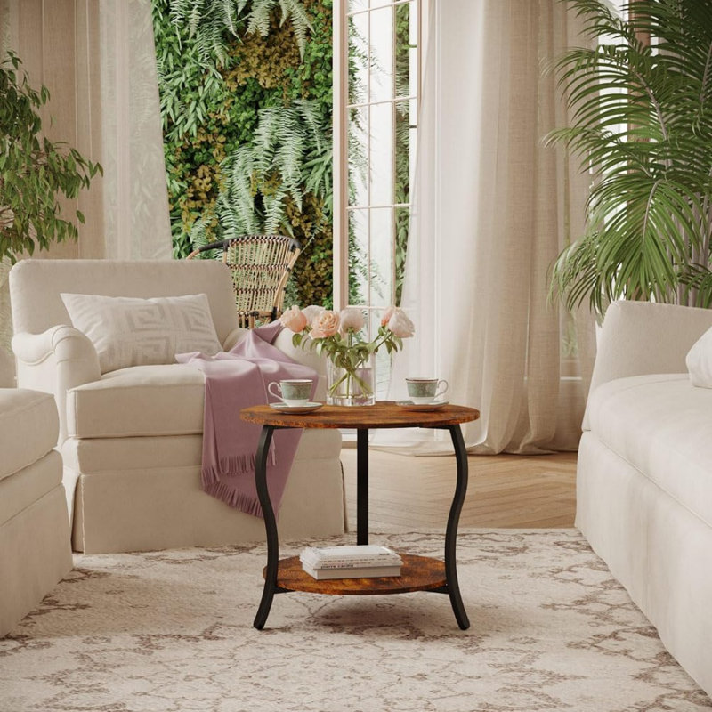 Small Round Coffee Table With Open Storage,23" 2-Tier Coffee Side Tables For Small Space, Accent Centre Table Circle Sofa End Table With Wooden Table Top For Living Room Bedroom