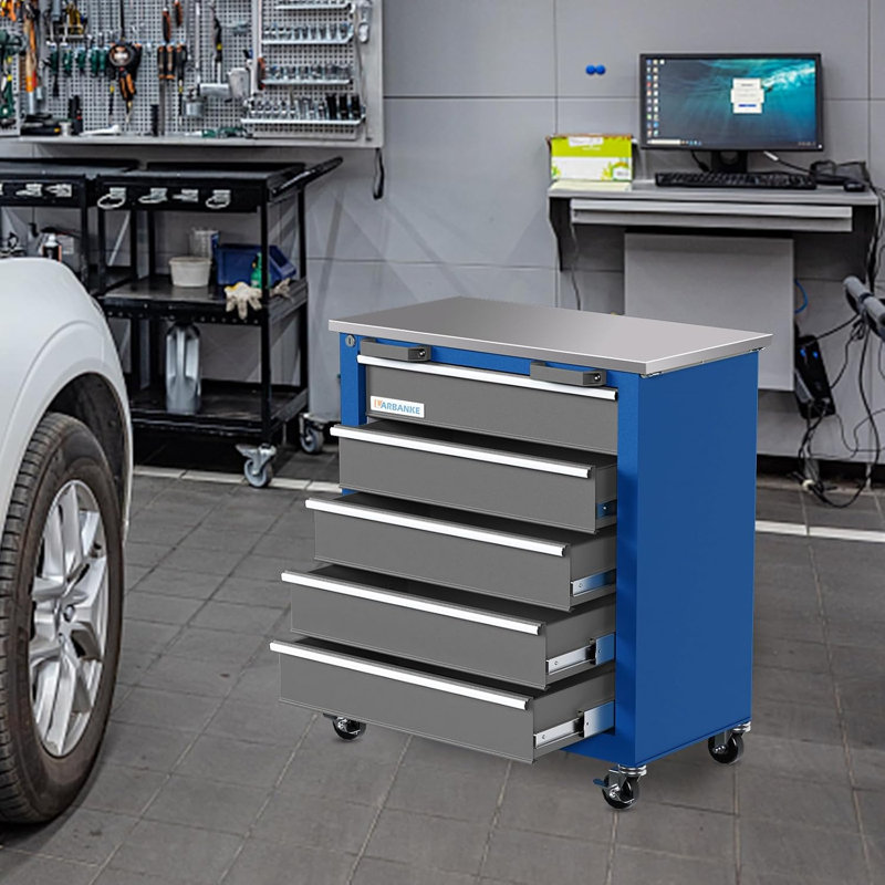 Coffre à outils à 5 tiroirs, armoire à outils verrouillable avec glissières à roulement à billes en acier inoxydable, chariot à outils robuste pour atelier de garage l 26 po x P 13,5 po x H 29 po