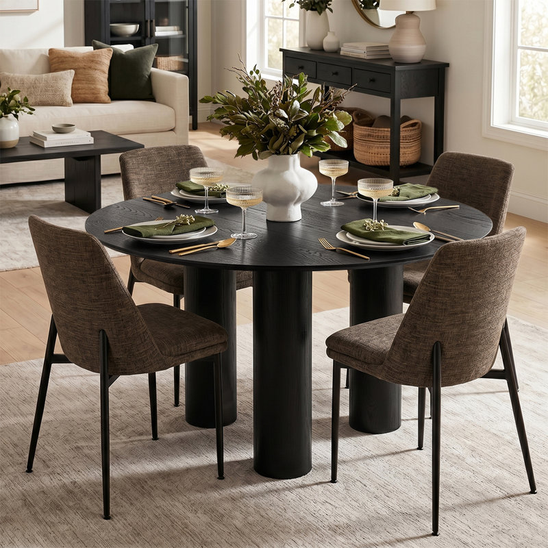 Modern 5-Piece Round Dining Set With Multi-Pedestal Base Table And Upholstered Side Chairs, Brown
