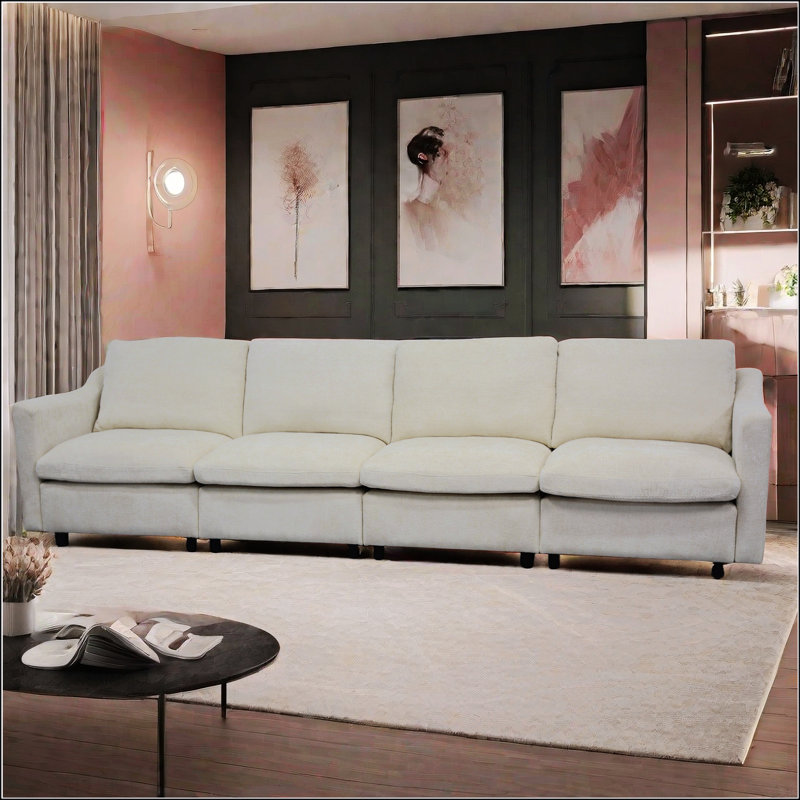 4-Seater Modern Fabric Modular Cloud Sofa With Ottoman, Beige Linen