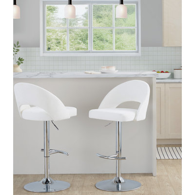 Adjustable Barstool With Swivel In Chrome Metal And Cream Fabric With Round T Footrest - Set Of 2