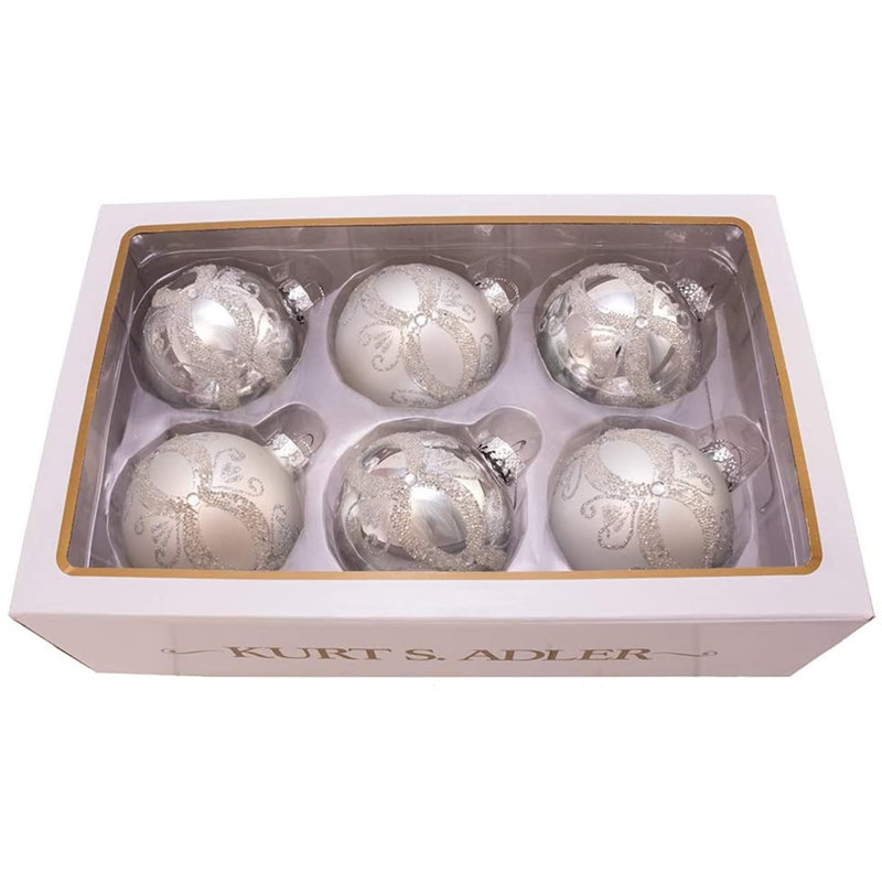 Silver Glitter and Sequins Glass Ball Christmas Ornaments, Set of 6