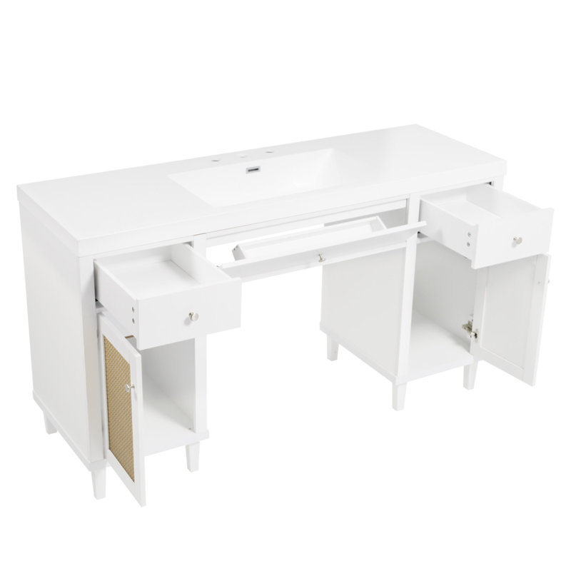 Meuble-lavabo de 60 po avec lavabo SMC, armoire de rangement spacieuse moderne avec tiroirs à fermeture en douceur et plateau basculant, pieds en bois massif et poignées en métal argenté
