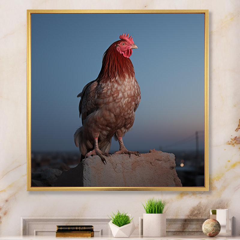 Cock A Doodle Dusk Rooster - Poulet, art mural, Cadre flottant doré, 30" H x 30" W