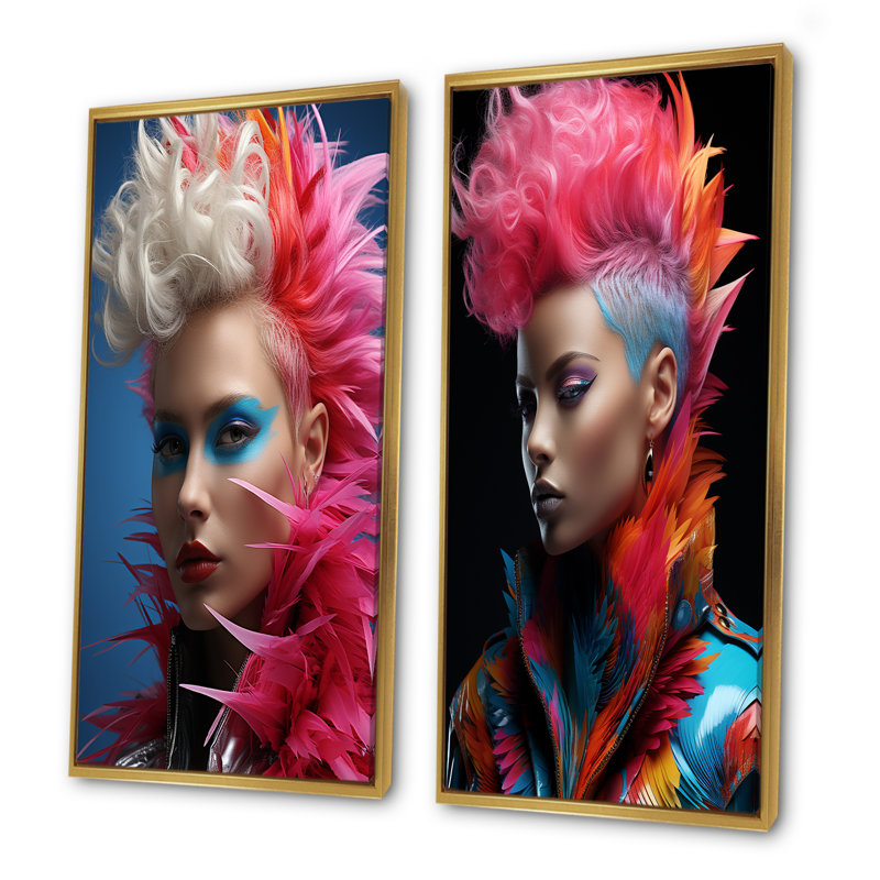 Ensemble de 2 décorations murales avant-gardiste glam et pop art femme avec Mohawk I, Cadre flottant doré, H 28 po x l 25 po