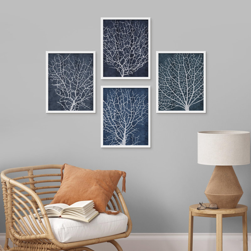 Arbres abstraits encadrés sur papier, impression de 4 pièces, Blanc, H 16 po x l 12 po