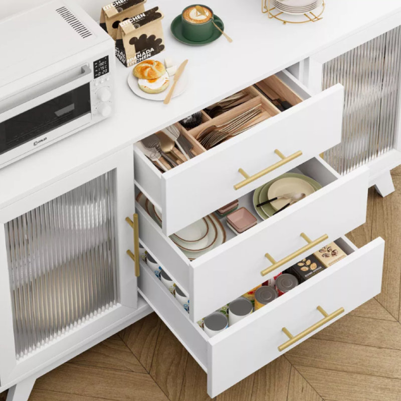 Buffet de 56 po avec tiroir, grand buffet avec tablettes réglables et porte en verre cannelé, armoire à café moderne, Blanc