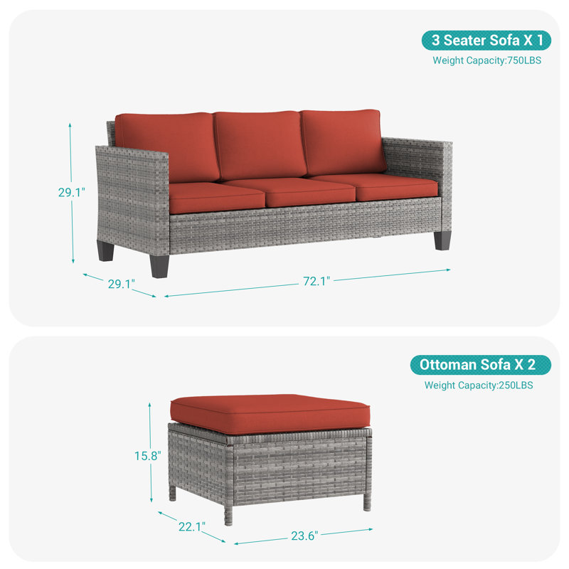 Rakeem 3 - Person Patio Conversation Set with Cushions, Brick Red