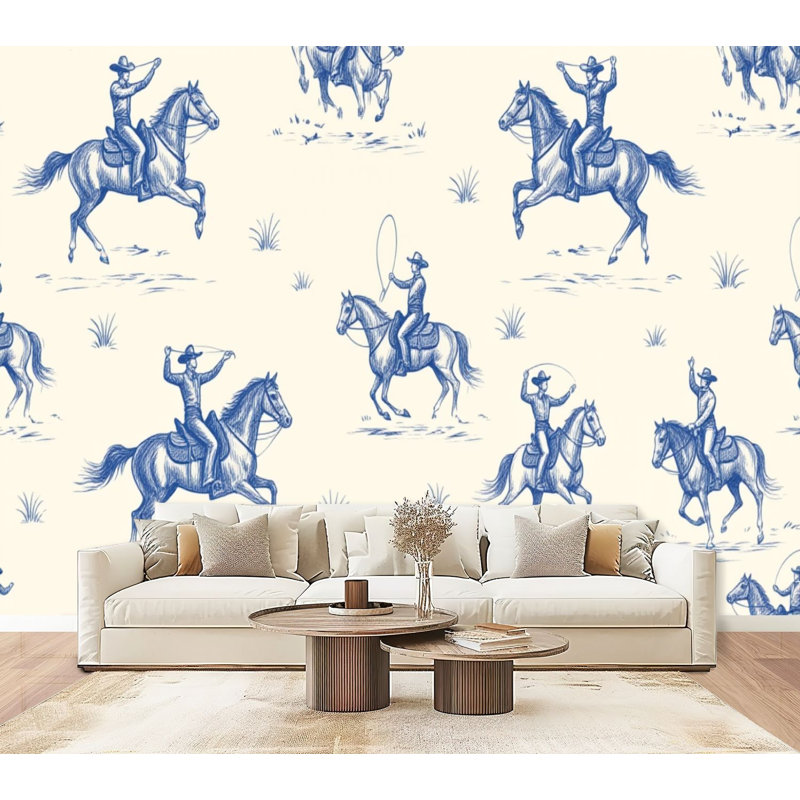 Papier peint auto-adhésif Western Cowboy à cheval style rétro bleu Toile style mural H 69 po x l 96 po amovible, papier peint en PVC, peintures murales auto-adhésives, décoration pour chambre à coucher, bureau, chambre de bébé