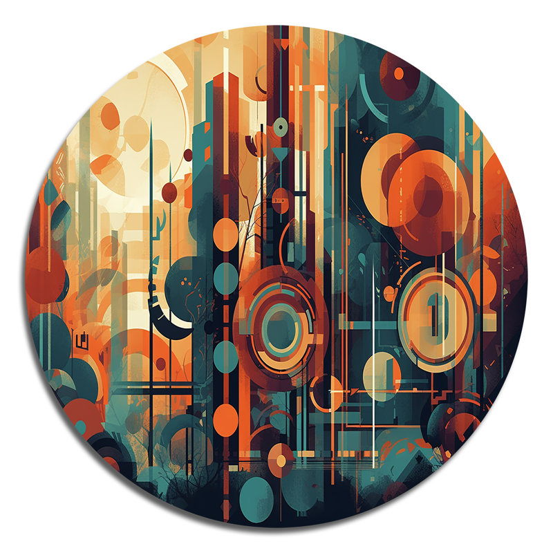 Orange et bleu abstrait nostalgie II - Art abstrait rond en métal, H 23 po x l 23 po 