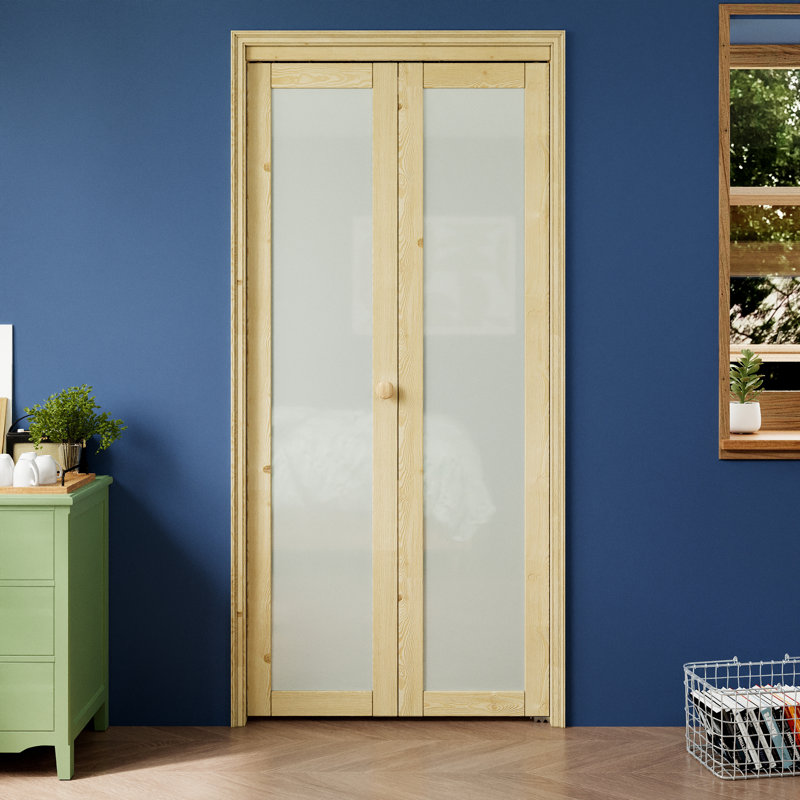 Pine Wood Unfinished 1 Lite Glass Bi-Fold Door With Hardware Kit, 36" x 80"