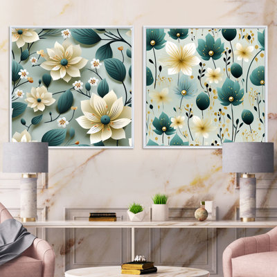 Bleu sarcelle et ivoire, motif floral côtier - ensemble de 2 collages floraux carrés
