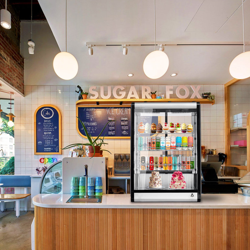 Réfrigérateur commercial noir de 5,2 pieds cubes avec présentoir de comptoir, double porte vitrée avec éclairage à DEL et tablettes réglables pour la boulangerie ou le café