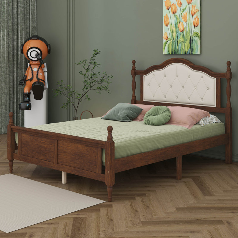 Queen Pine Wooden Bed With Upholstered Headboard And Panel Footboard, With Bed Rail Support Feet And Central Platform Support Feet