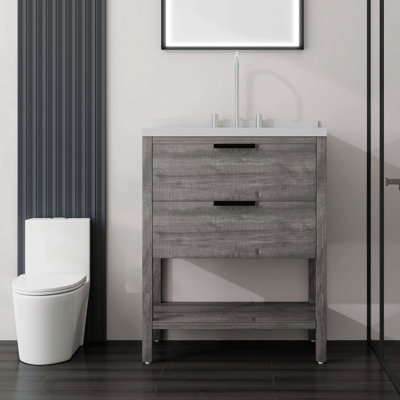 Meuble-lavabo autoportant de 30 po avec lavabo, tiroir à fermeture en douceur, comptoir et dosseret en marbre de culture blanc de 2 po Carrara