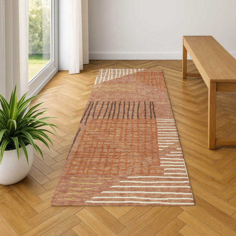 Premium Machine Washable Mayfield AMF2270 Striped Rug, 2'3" x 7'6" Runner, Paprika