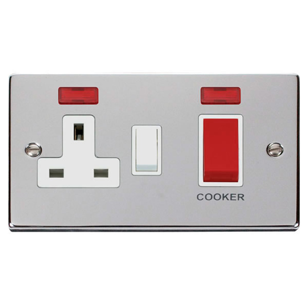 Polished Chrome Cooker Control 45A With 13A Switched Plug Socket & 2 Neons