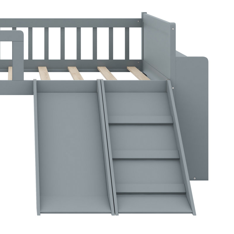 Lit plateforme en bois peu encombrant avec tablette de rangement, glissoire, échelle et garde-corps, Gris