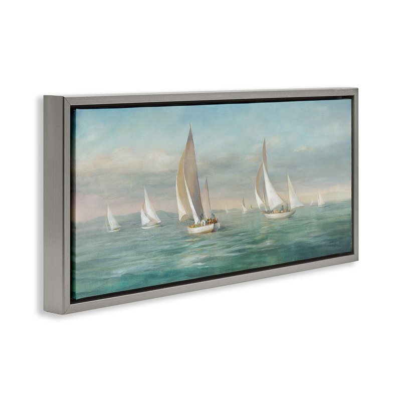 Voilier, flotte, vagues de l'océan, Cadre flottant gris lustré, H 11 po x l 25 po