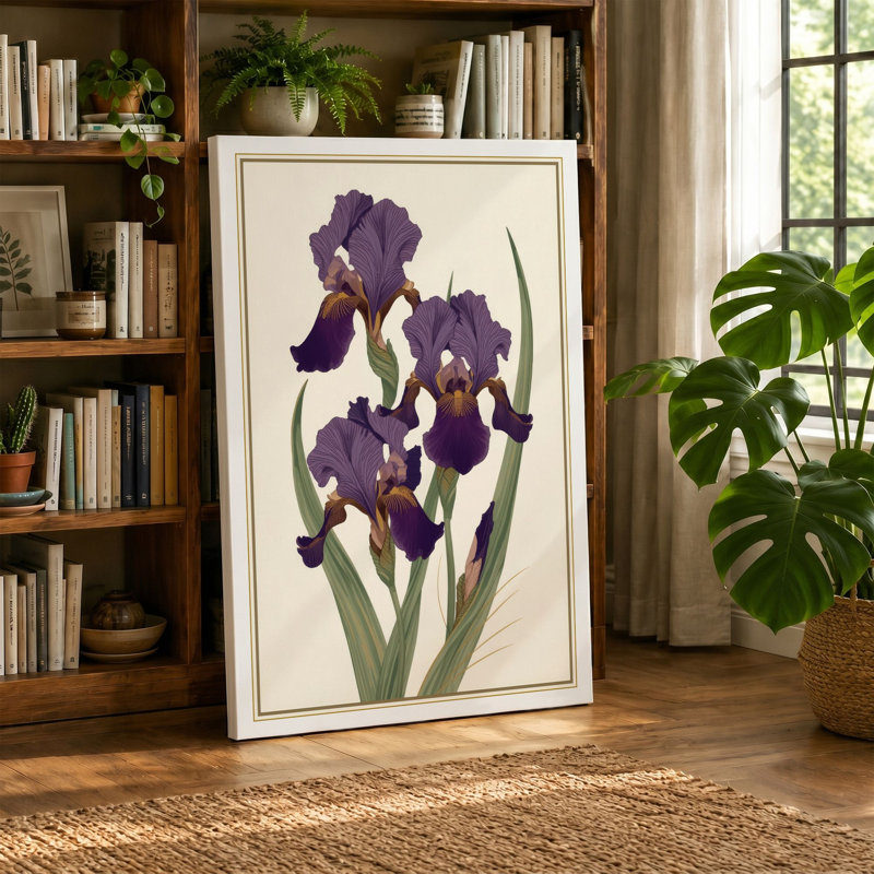 Purple Irises Study Botanical - Wrapped Canvas, 30x20 - 76.2 x 50.8 cm, Taupe Border