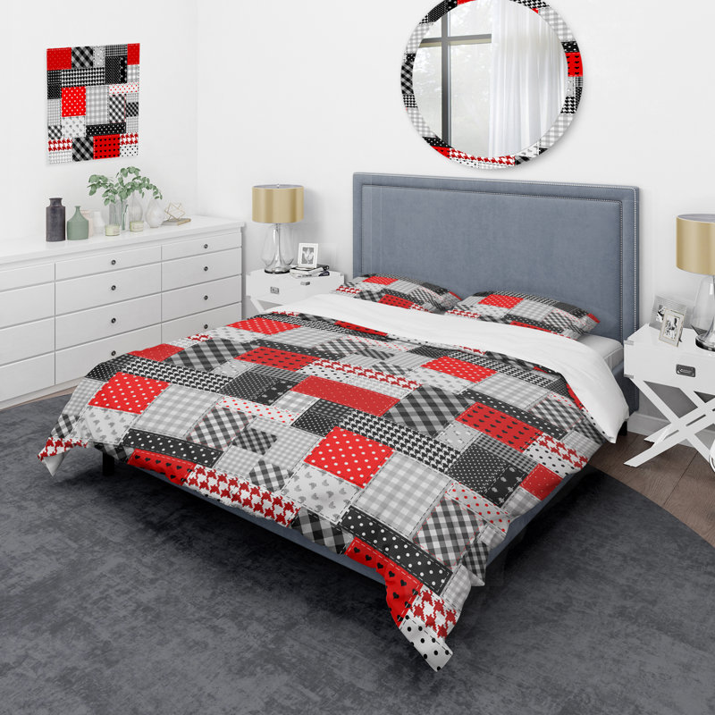Red And Grey Patch Patchwork Polyester Patchwork Duvet Cover, Queen Duvet Cover + 2 Standard Shams